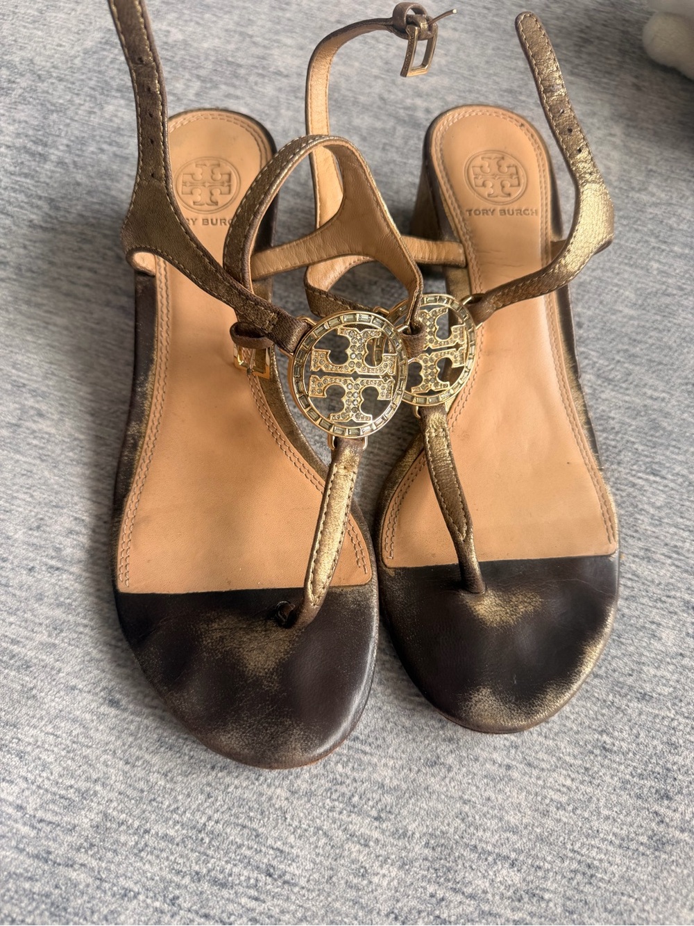 Tory Burch Black and Gold Logo T-Strap Sandals